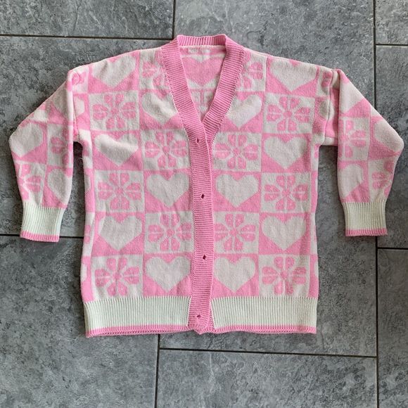 Sweaters - Pink White Block Heart Flower Vintage Cardigan Block Pattern Chest 44